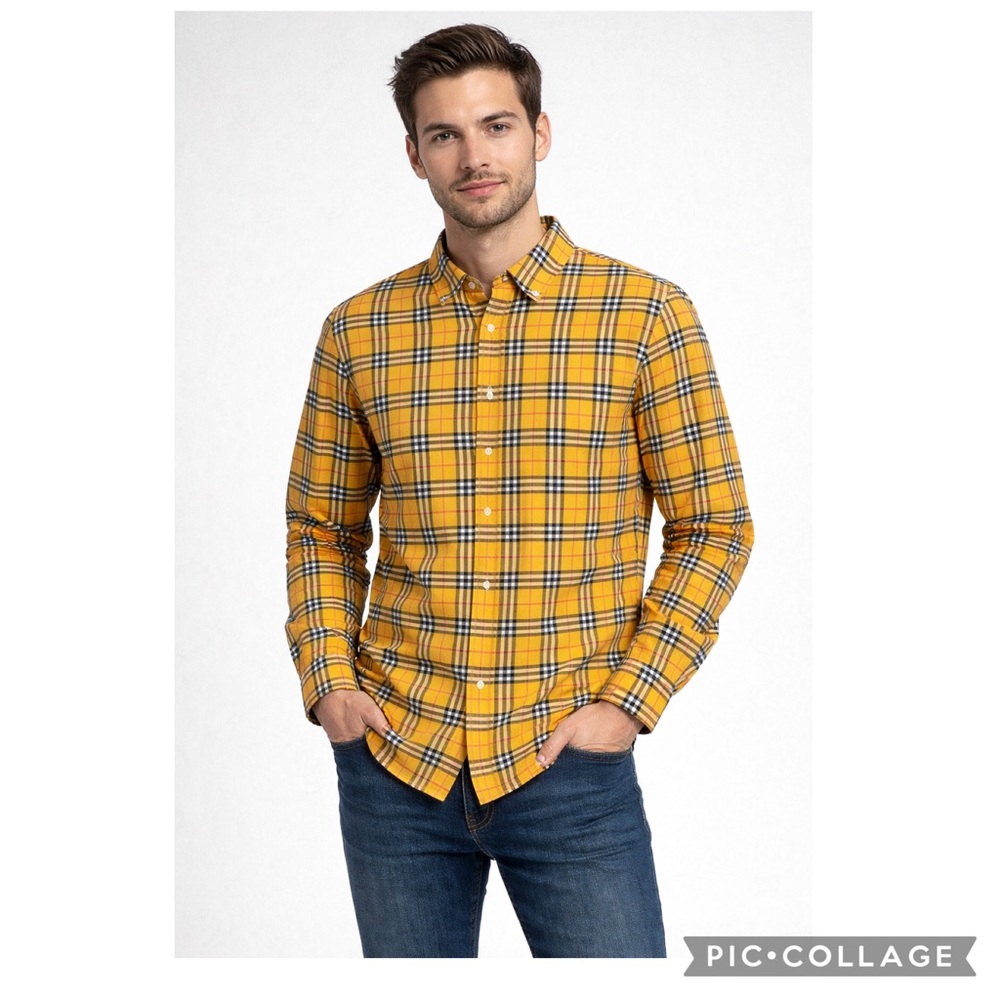 NOVA MEN’S PLAID BUTTON DOWN SHIRT YELLOW ORANGE BLACK CUFF DETAIL - Picture 1 of 6